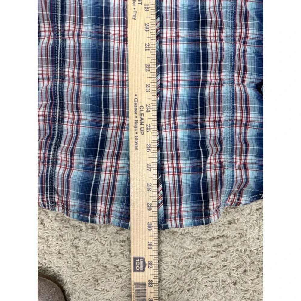 True Religion Long Sleeve Blue Plaid Pearl Snap Up Pocket Shirt Men's L Western